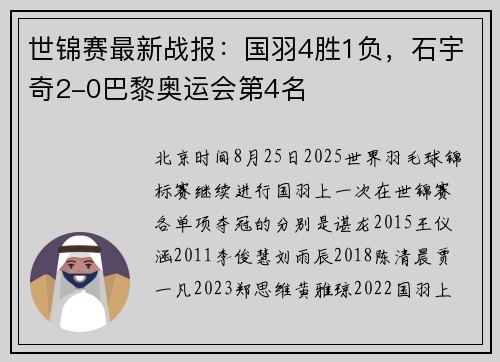 世锦赛最新战报：国羽4胜1负，石宇奇2-0巴黎奥运会第4名